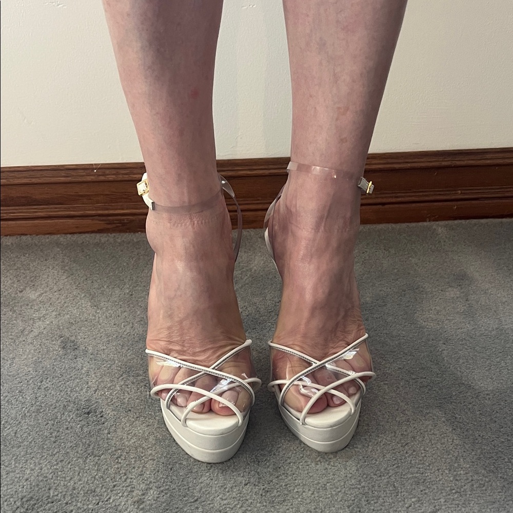 Aquazzura Soft White and Clear Strappy Platform Heels